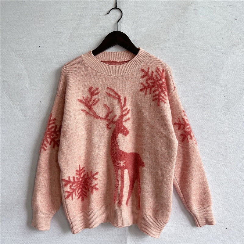 Round Neck Long Sleeve Christmas Sweater – Snowflake & Deer Jacquard Knitwear - ZA-ZOLA