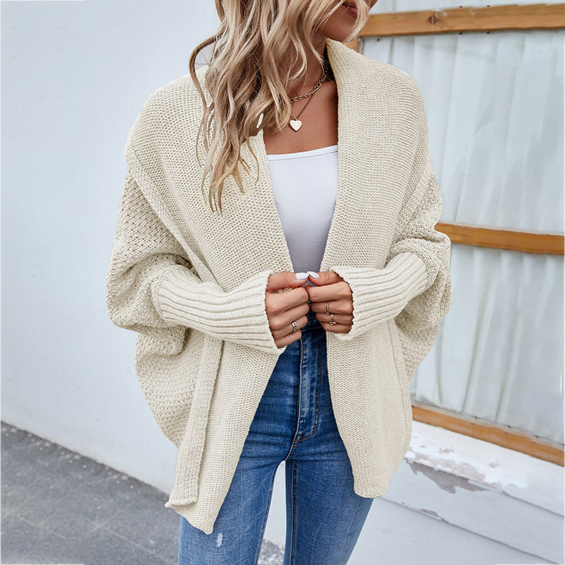 New Loose Knitted Bat Sleeve Sweater – Solid Color Large Lapel Cardigan for Women