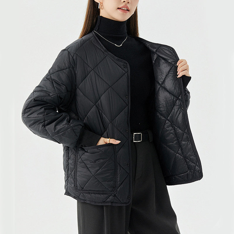 New Rhombus Sewing Cotton Coat – Winter Warm Round-Neck Jacket with Pockets for Women