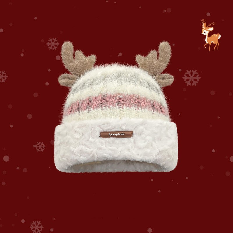 Christmas Knitted Hat with Deer Antlers – Winter Warm Thick Beanie for Women & Girls - ZA-ZOLA