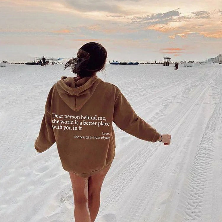 Kapuzenpullover mit „Dear Person Behind Me“-Buchstabenaufdruck – Plüsch-Sweatshirt mit Kordelzug und Kängurutasche für Damen und Herren