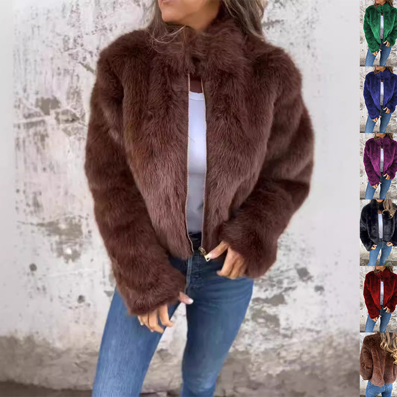 Modische Plüschjacke mit Stehkragen – Lässiger Fleece-Rollkragen-Reißverschlussmantel für Damen