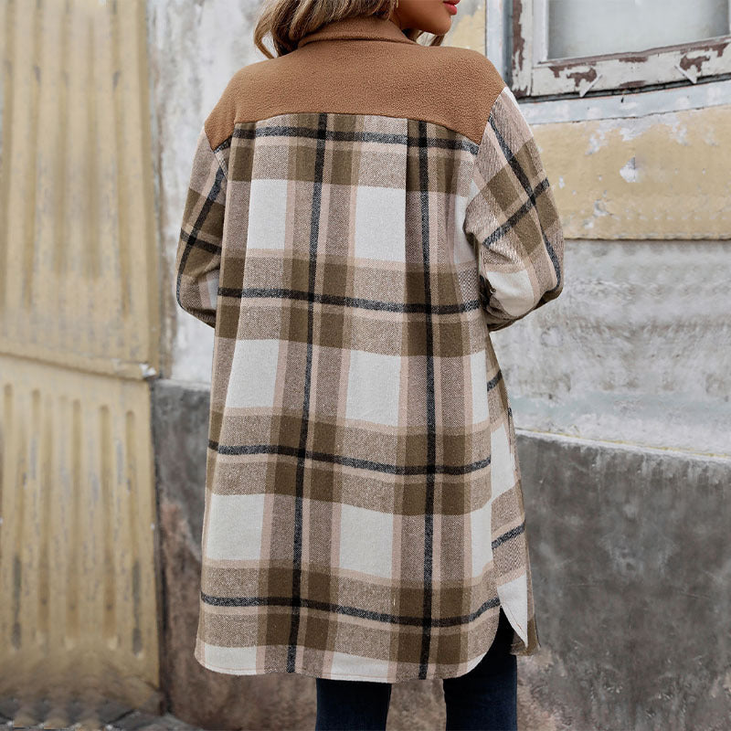 New Brushed Plaid Long Coat with Pockets – Fashion Winter Jacket for Women