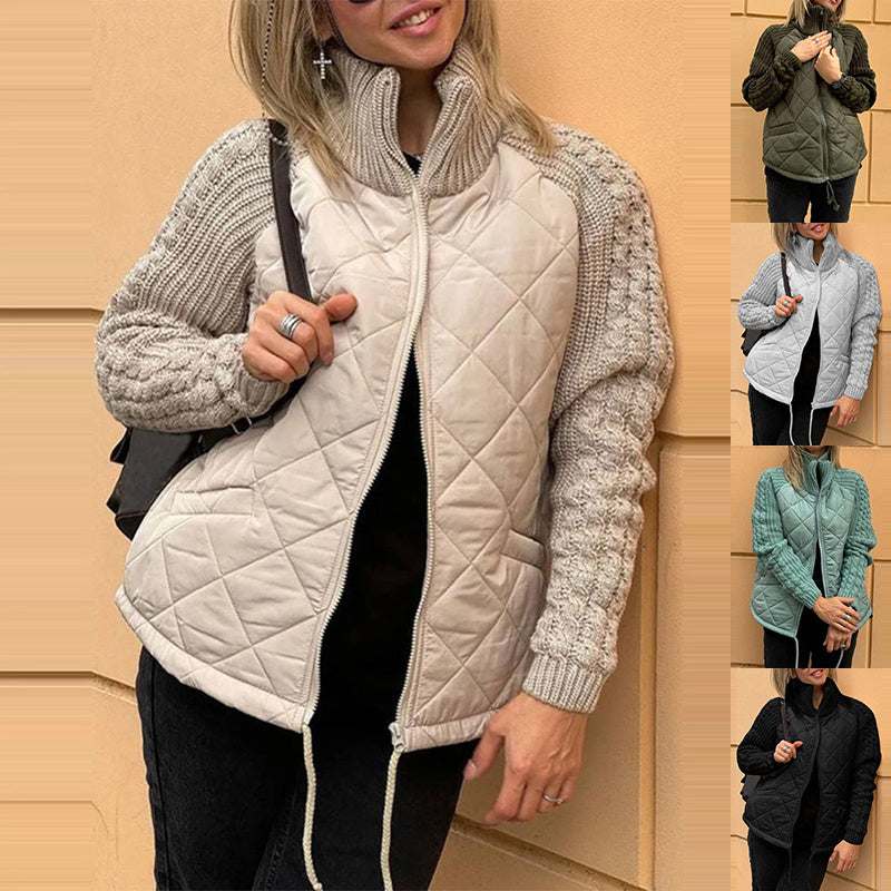 Stand Collar Cotton Jacket with Pockets – Fashion Knitted Stitching Zipper Coat for Winter Warmth