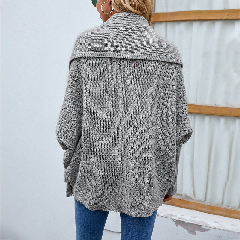 New Loose Knitted Bat Sleeve Sweater – Solid Color Large Lapel Cardigan for Women