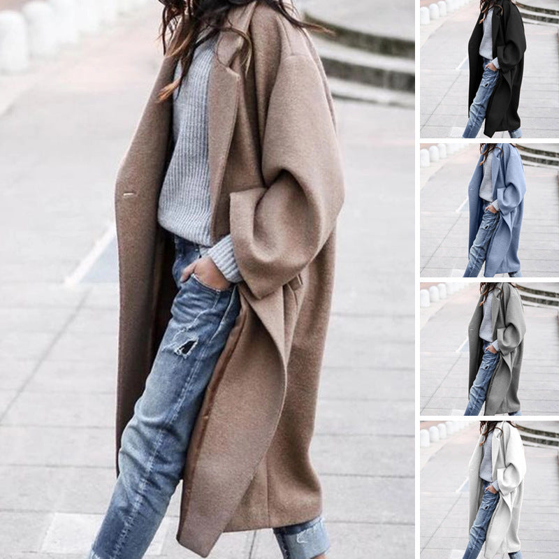 Casual Long Woolen Coat with Pockets – Women’s Solid Color Single-Breasted Lapel Winter Jacket