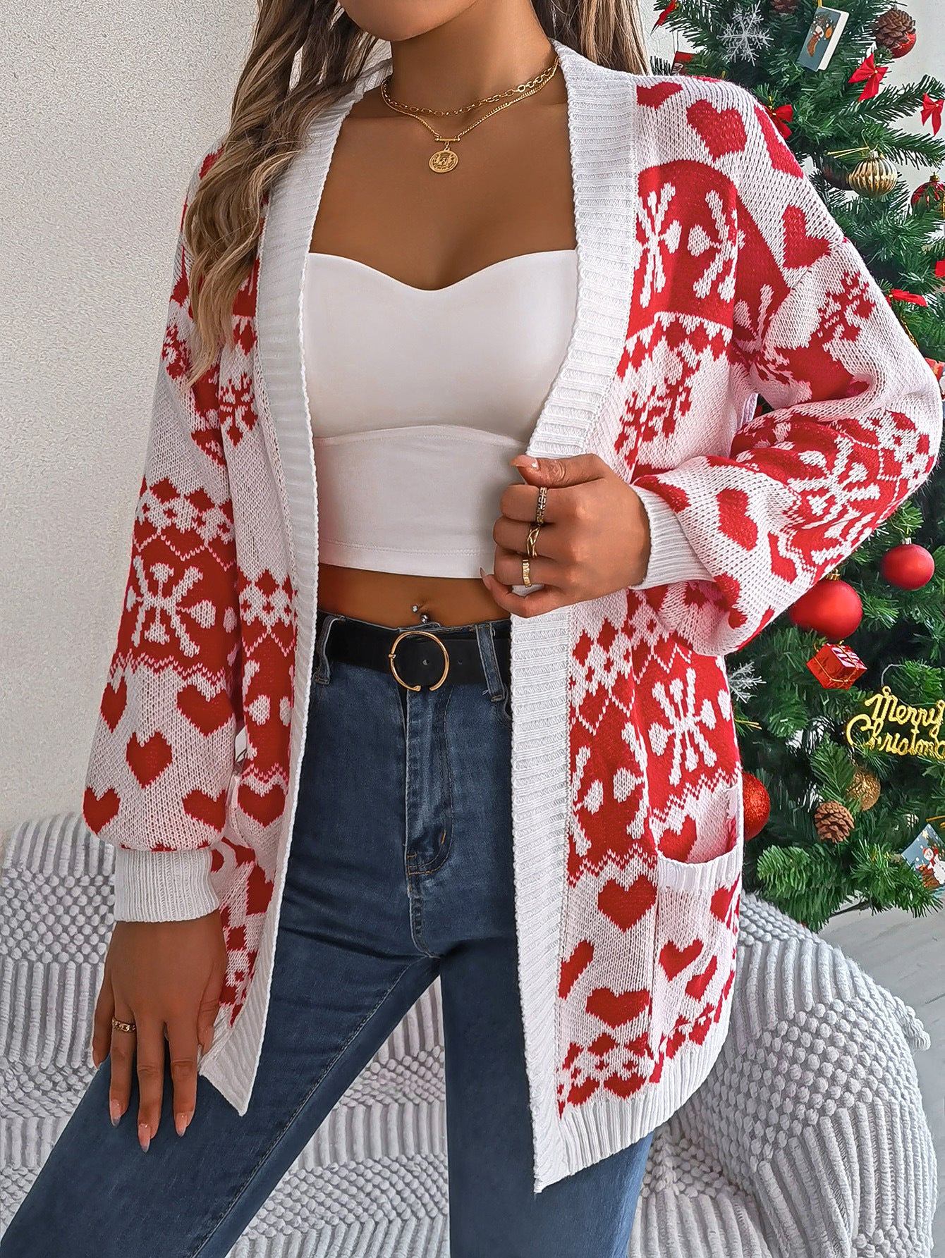 Women's Christmas Open Front Cardigan – Oversized Deer Knitwear with Lantern Sleeves - ZA-ZOLA