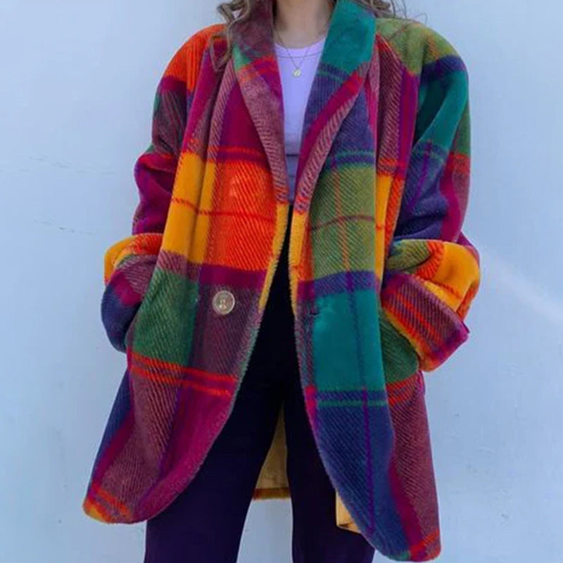 Rainbow Color Plaid Lapel Jacket with Pockets – Fashion Button Coat for Women