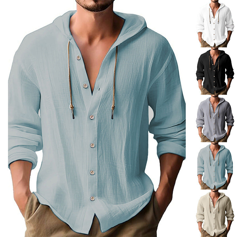 Cotton & Linen Hooded Long Sleeve Shirt – Comfortable Button-Up Sweater for Men - ZA-ZOLA