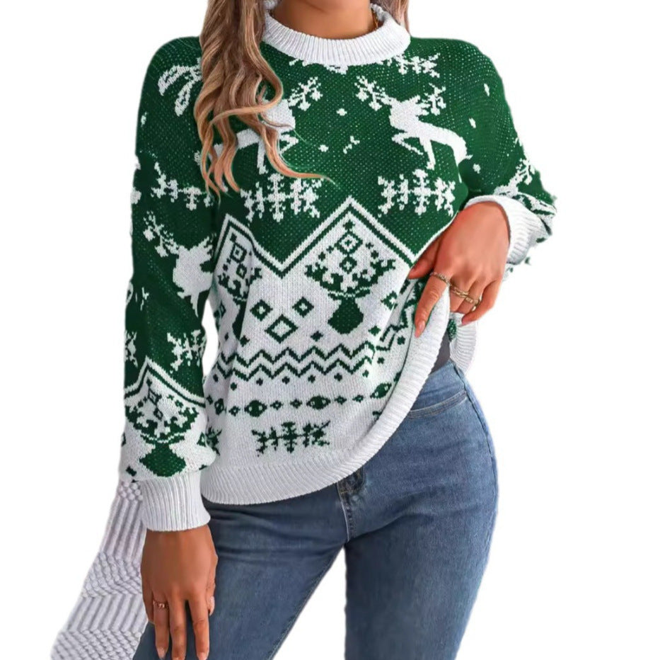 2025 New Year Christmas Deer Pattern Hoodie Sweater – Women’s Red & Green Knitted Pullover - ZA-ZOLA