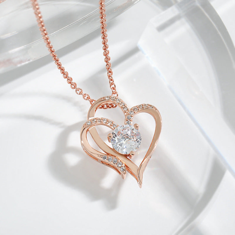 Zircon Double Love Necklace With Rhinestones Ins Personalized Heart-shaped Necklace Clavicle Chain Jewelry For Women Valentine's Day - ZA-ZOLA