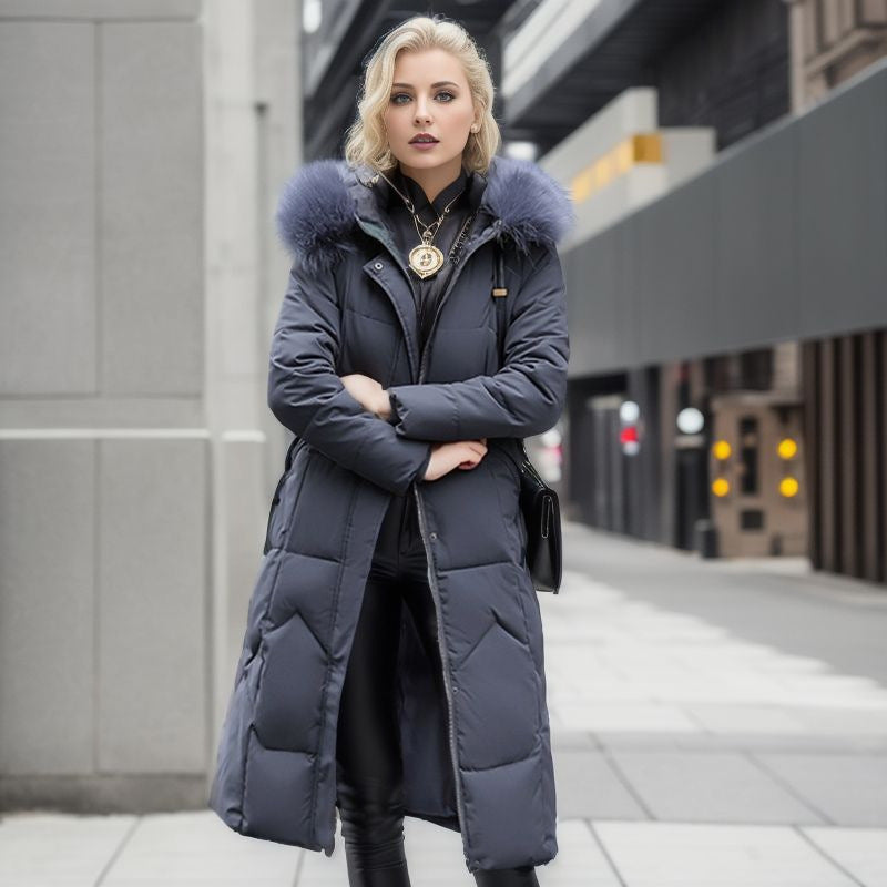 Women's Cotton-Padded Over-the-Knee Quilted Jacket with Large Fur Collar – Warm & Stylish Winter Coat