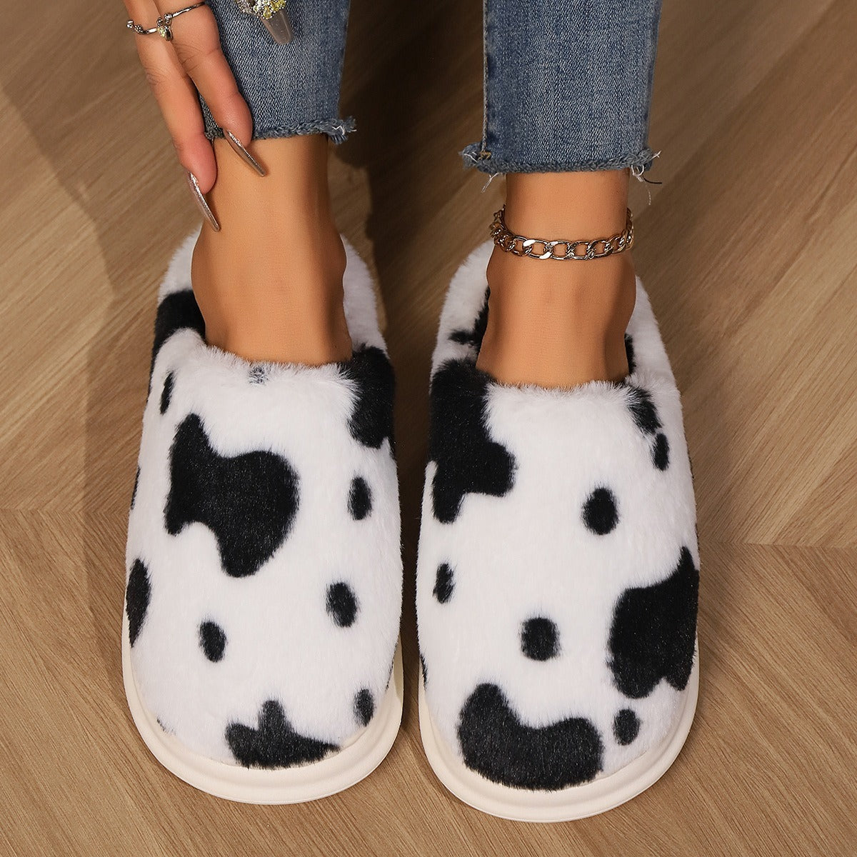 Cute Cow Spotted Plush Slippers Winter Warm Non-slip Bedroom Floor Fuzzy Slipper Couple Women House Shoes - ZA-ZOLA