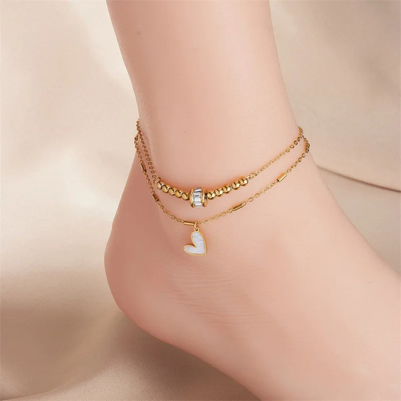 Fashion Jewelry Boho Classic Love Heart Ankle Chain Double Layer Chain Bracelet Anklet Charm Tassel Leg Chain On Foot Chain Women Party Jewelry Accessories - ZA-ZOLA