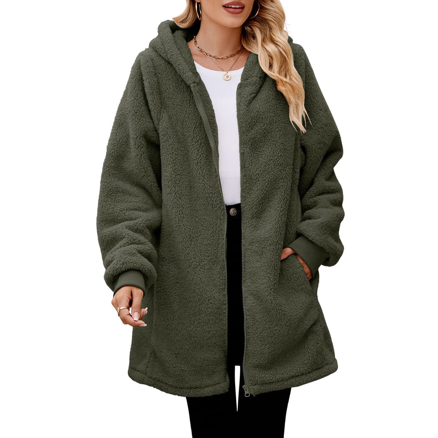 Loose Plush Women's Long Sleeve Hooded Zip Cardigan Coat – Cozy Winter Outerwear