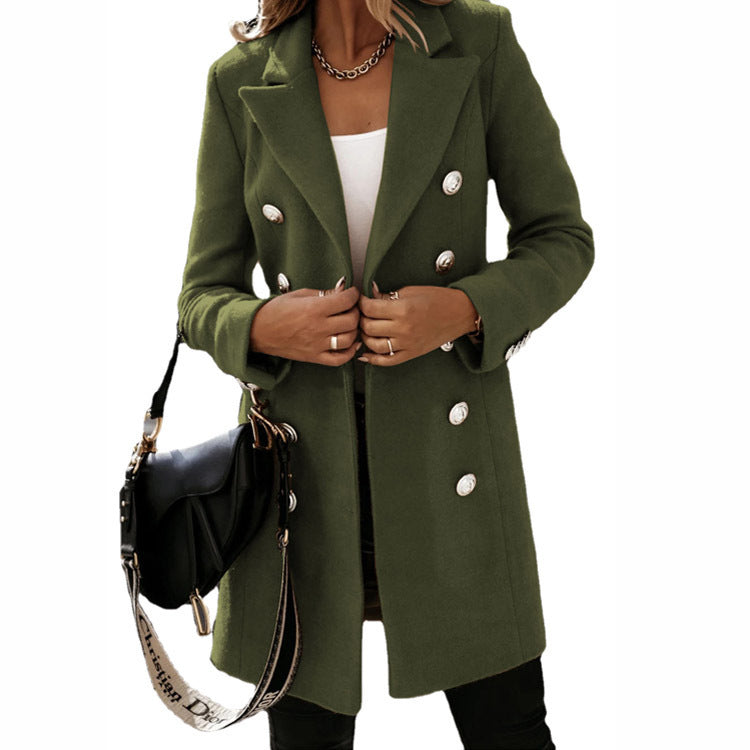 Fashion Turndown Collar Double-Breasted Woolen Coat – Women’s Autumn & Winter Jacket