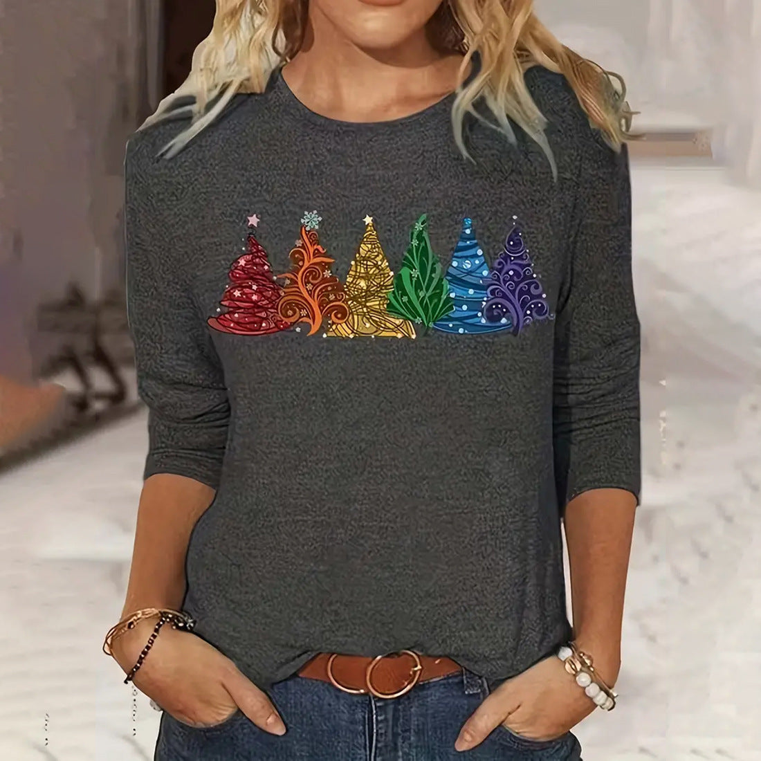 Women's Long-Sleeve Christmas Tree T-Shirt – Round Neck Loose Casual Holiday Top - ZA-ZOLA