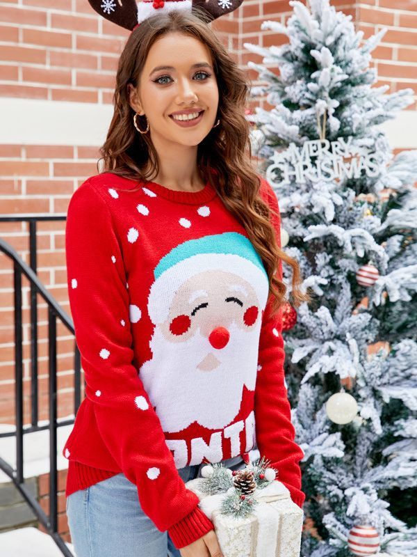 Women's Santa Pullover Sweater – Red Christmas Long Sleeve Crew Neck with Letter Embroidery - ZA-ZOLA