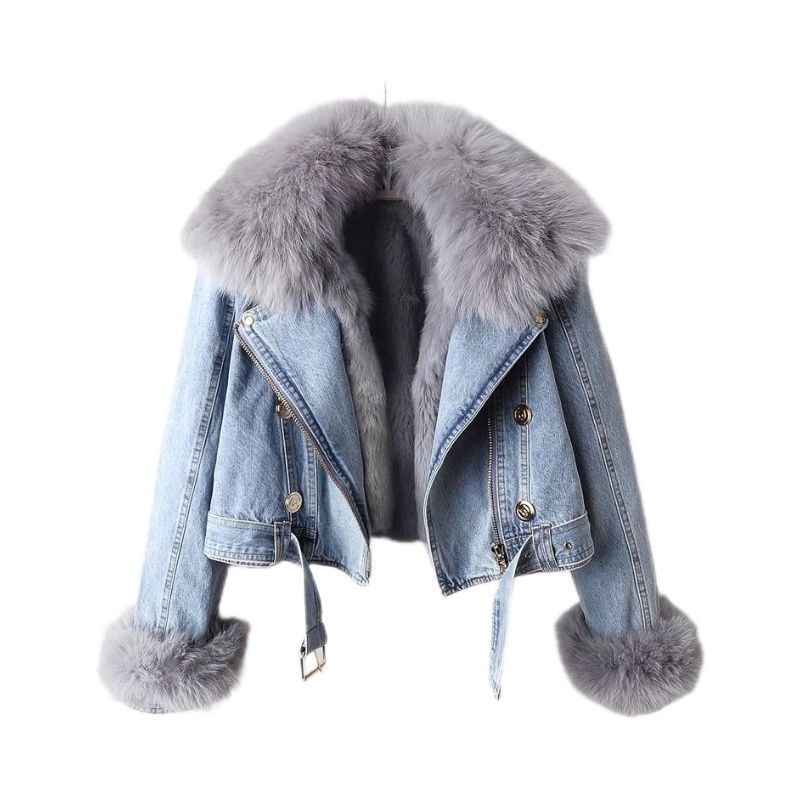 Detachable Fox Fur & Rabbit Fur Liner Denim Coat for Women – Luxury & Warmth