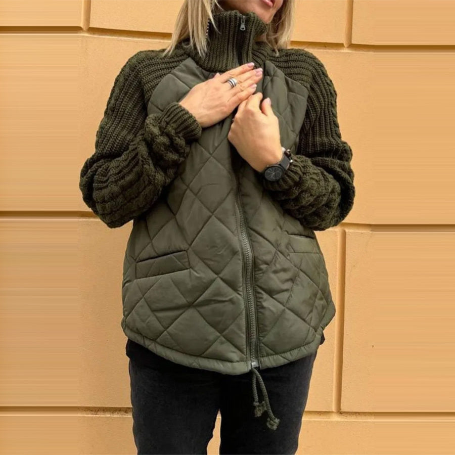 Stand Collar Cotton Jacket with Pockets – Fashion Knitted Stitching Zipper Coat for Winter Warmth