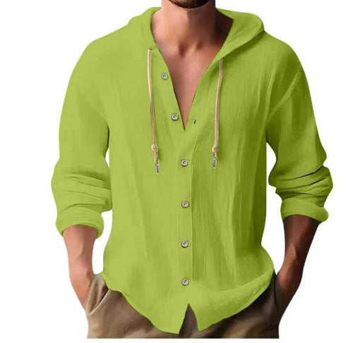 Cotton & Linen Hooded Long Sleeve Shirt – Comfortable Button-Up Sweater for Men - ZA-ZOLA