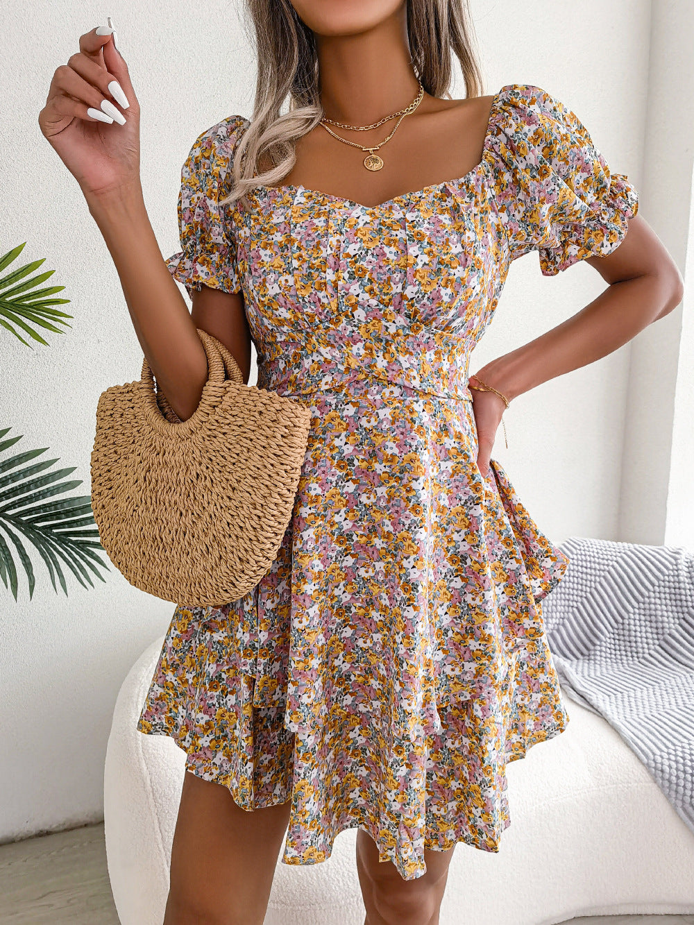 Women Mini Dress Temperament Big Swing Loose Hem Flower Print Shirring Dress Up Short Sleeves High Waist Summer Dress Clothes - ZA-ZOLA