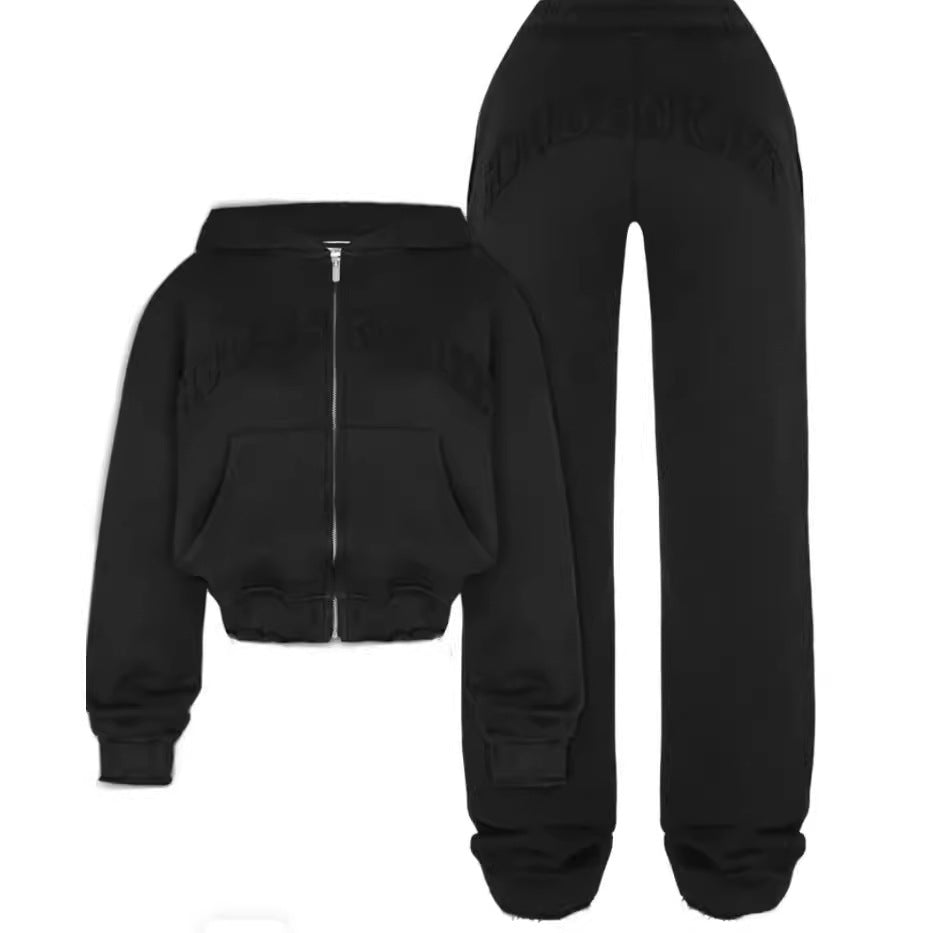 INS Letter Sports Suit – Zip-up Hooded Cropped Sweatshirt & Loose Drawstring Trousers for Women