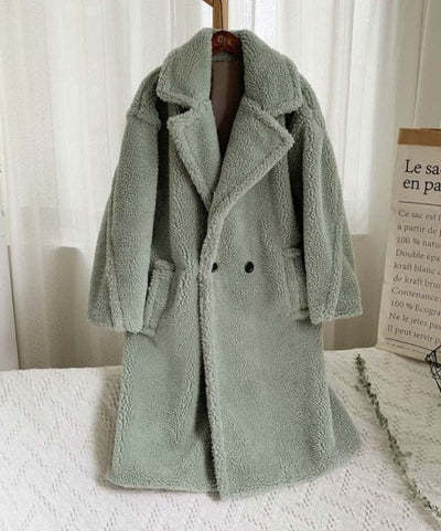 Lapel Lamb Fleece Coat with Pockets – Faux Fur Long Winter Windbreaker for Women