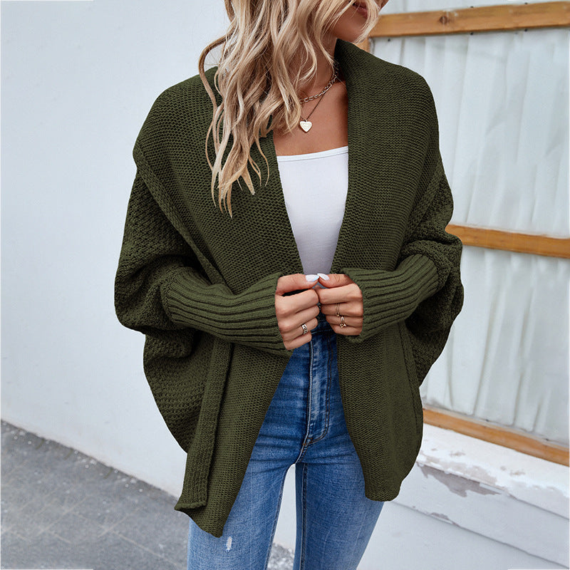 New Loose Knitted Bat Sleeve Sweater – Solid Color Large Lapel Cardigan for Women