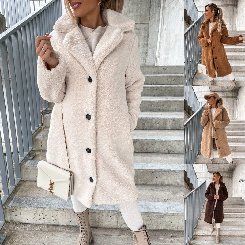 Women's Long-Sleeved Lapel Plush Jacket – Stylish & Warm Winter Top