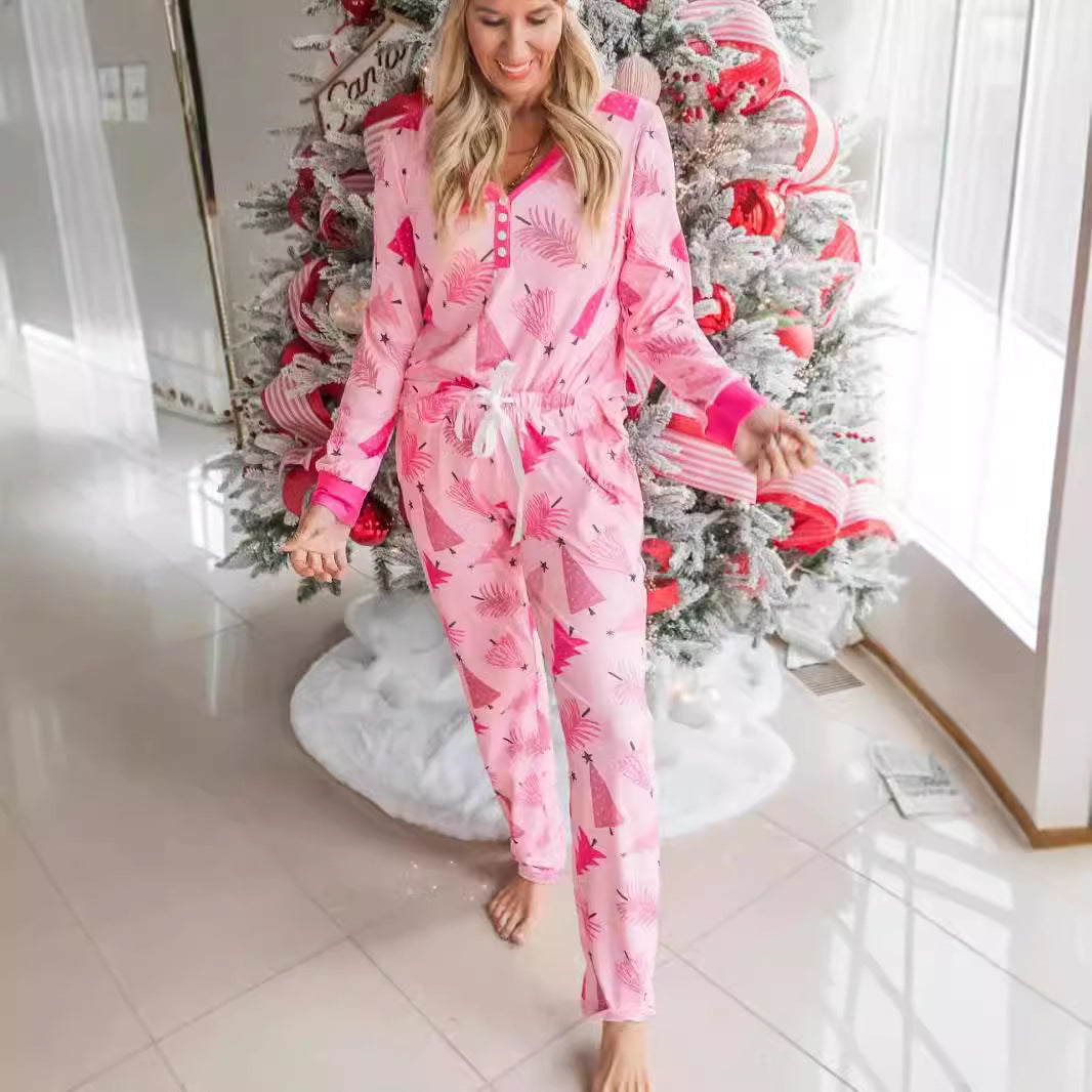 Christmas Tree Print Pajamas Suit – Long Sleeve Button-Up Two-Piece Set for Festive Comfort - ZA-ZOLA