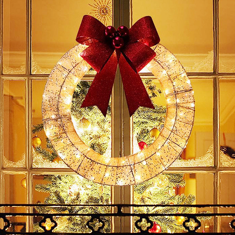 50CM LED Christmas Garland Wreath – Warm Light, Metal Design with Bowknot for Front Door Decor - ZA-ZOLA