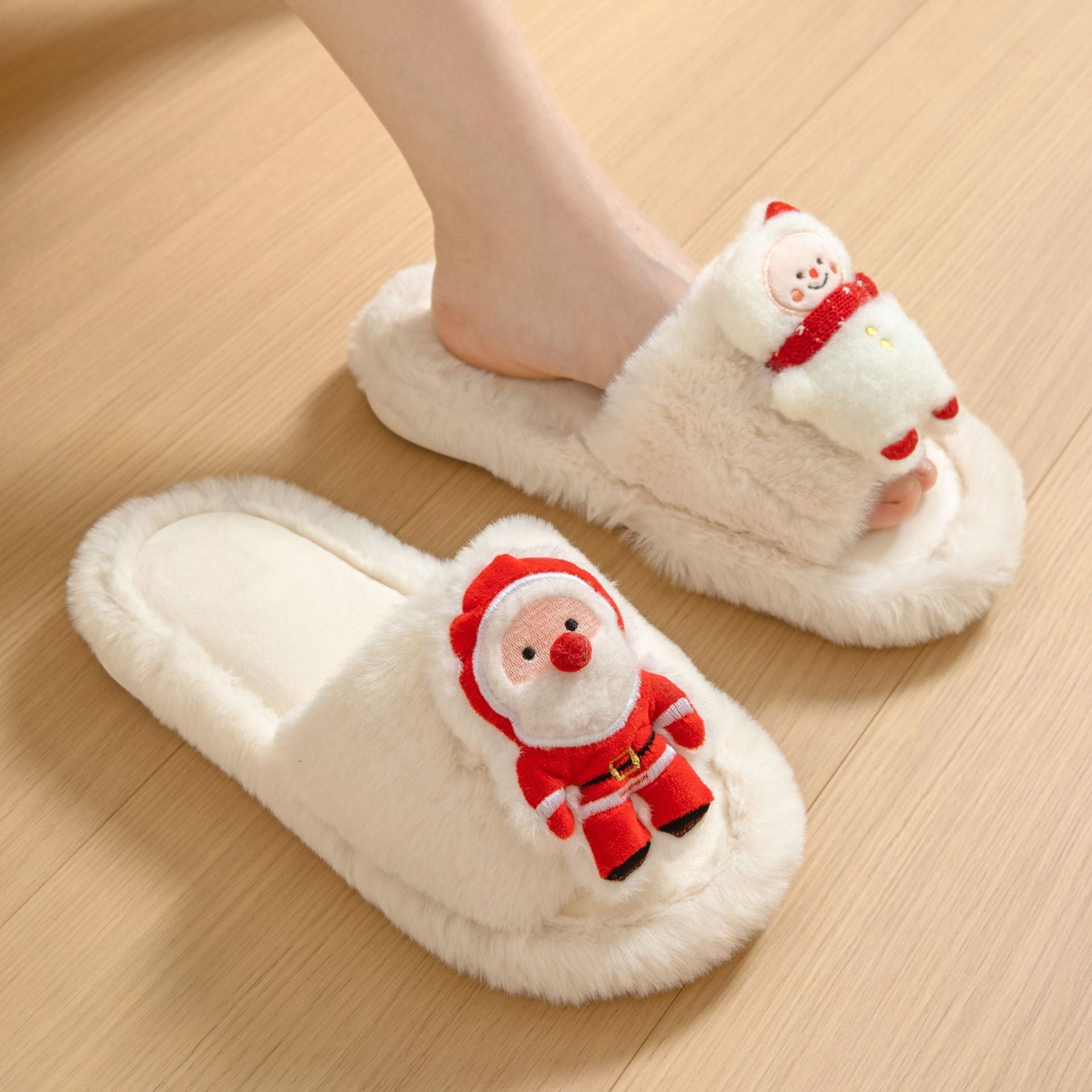 Santa Claus Open-Toe Cotton Slippers – Cozy Winter Indoor Plush Slippers for Women – Warm Furry Christmas Shoes - ZA-ZOLA