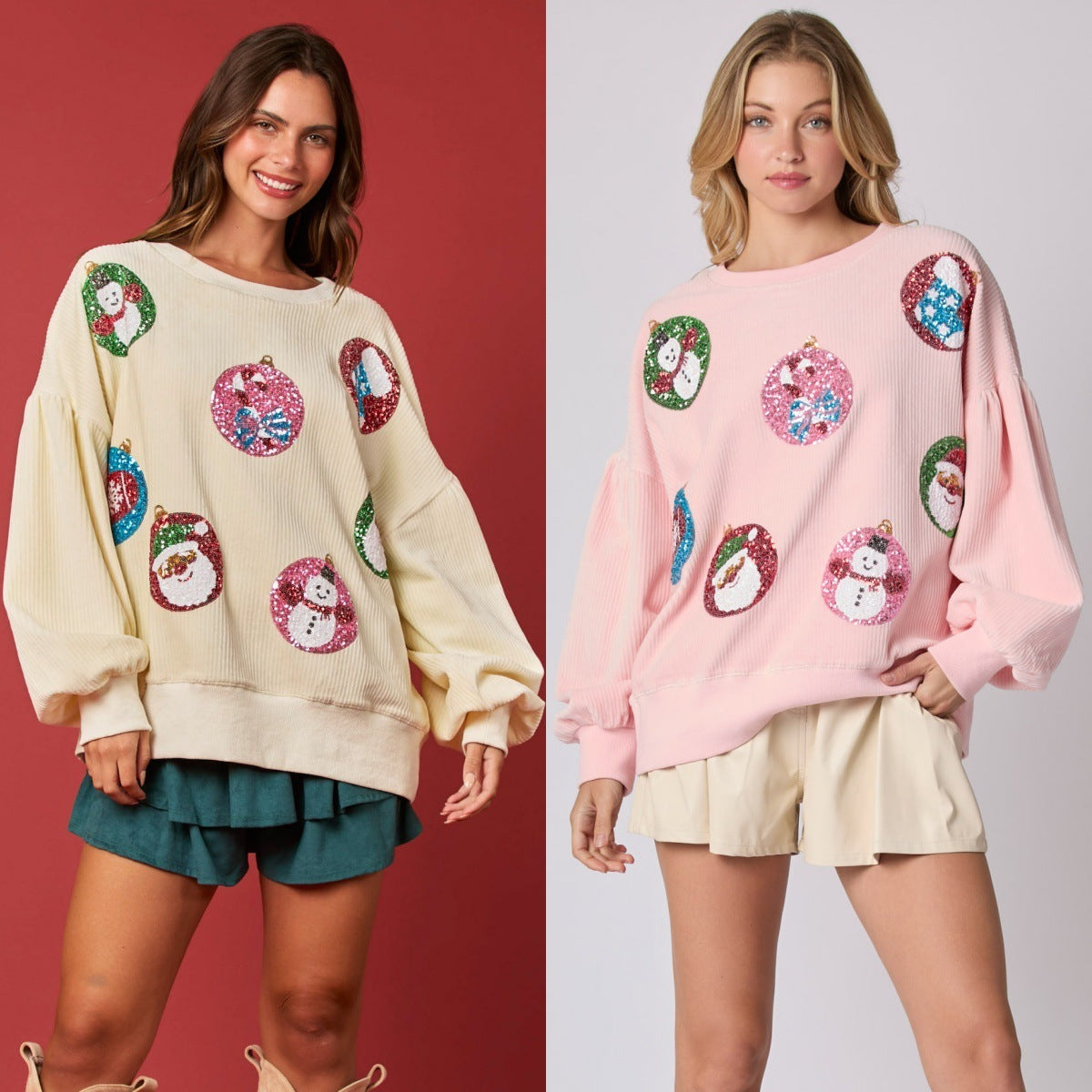 Women's Christmas Egg Sequined Long Sleeve Sweatshirt – Loose Festive Top - ZA-ZOLA