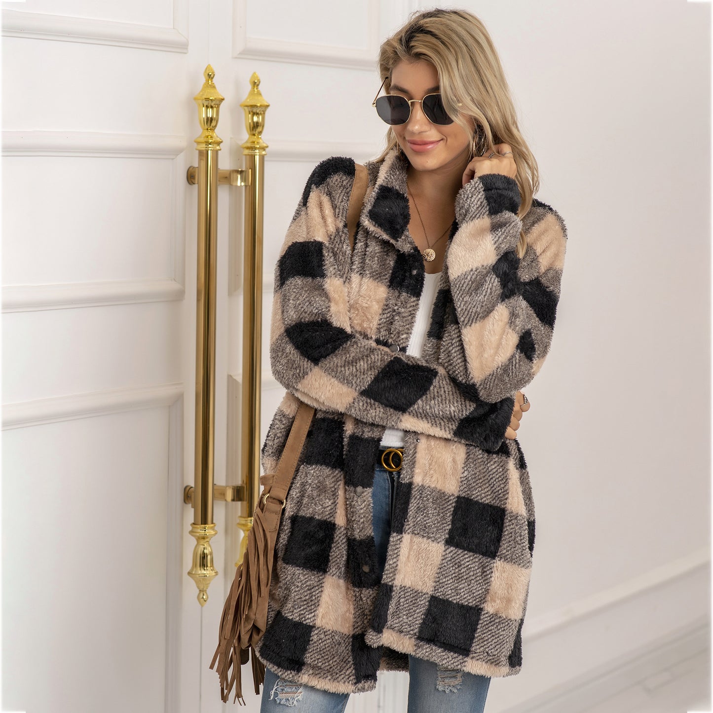 Colorblock Plaid Fleece Jacket – Fashion Single-Breasted Long Jacket for Women