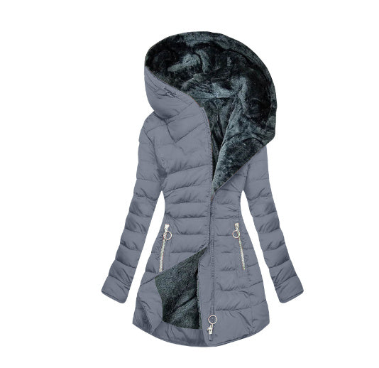 Women's Plush Hooded Mid-Length Cotton-Padded Coat with Oblique Zipper – Winter Fashion