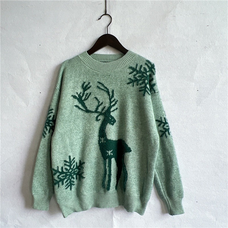 Round Neck Long Sleeve Christmas Sweater – Snowflake & Deer Jacquard Knitwear - ZA-ZOLA