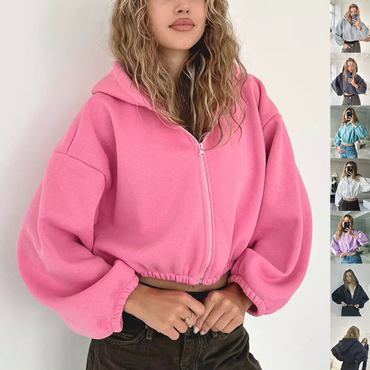 Casual Solid Color Hooded Short Jacket – Y2K Fashion Sports Sweatshirt for Women | Long Sleeve Zip-Up Cardigan Hoodie UK