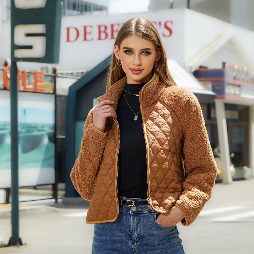 Women's Plush Jacket with Rhombus Stitching Design – Warm Lamb Wool Lapel Zipper Short Coat