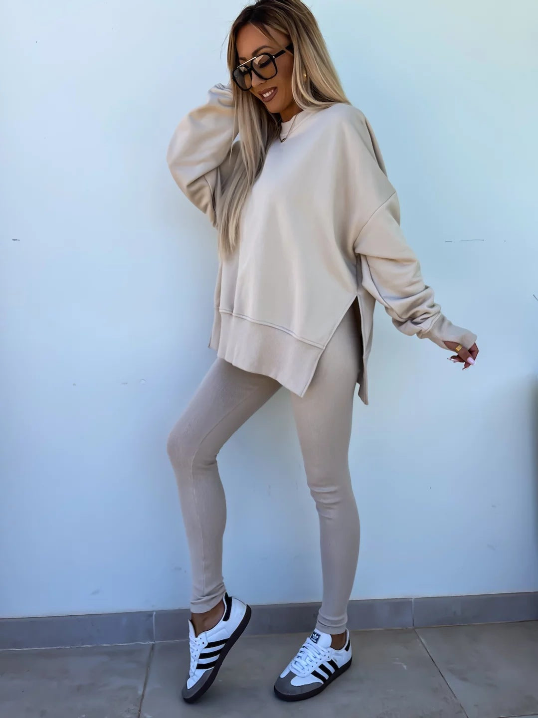 Women's Sweater Suit – Casual Loose Long Sleeve Crew Neck Top & Tight Trousers Set