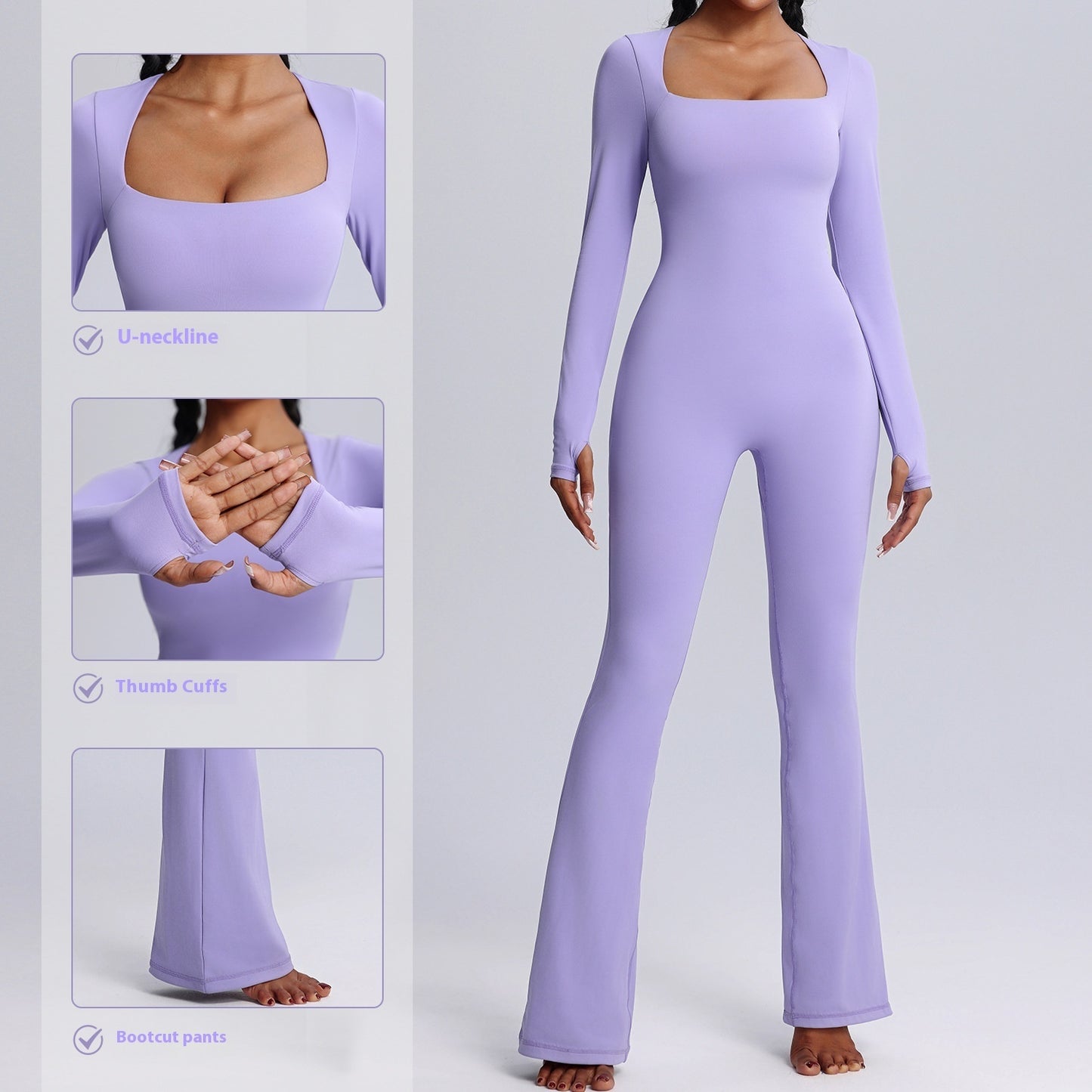 New Square Neck Long-Sleeved Jumpsuit – Yoga & Fitness Sports Bodysuit with Flared Pants for Women