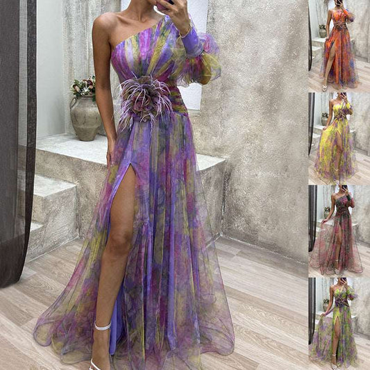 Mesh Tie-Dye Off-Shoulder Slit Dress – Summer INS Fashion Long Party Dress for Women | UK & USA