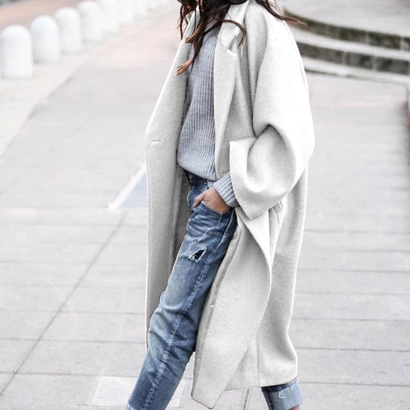 Casual Long Woolen Coat with Pockets – Women’s Solid Color Single-Breasted Lapel Winter Jacket