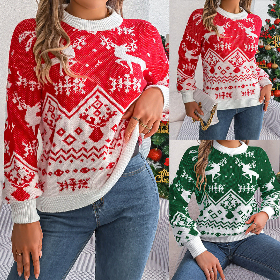 2025 New Year Christmas Deer Pattern Hoodie Sweater – Women’s Red & Green Knitted Pullover - ZA-ZOLA