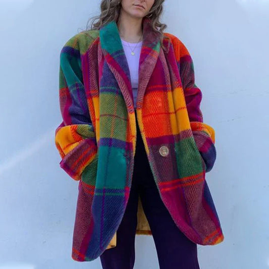 Rainbow Color Plaid Lapel Jacket with Pockets – Fashion Button Coat for Women