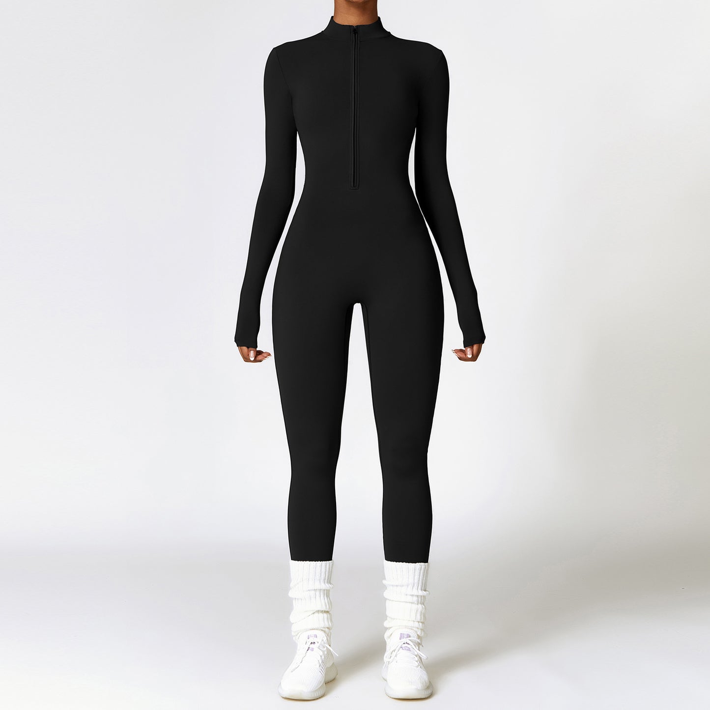 Warm Zipper Long-Sleeved Jumpsuit for Women – Breathable Yoga & Fitness Bodysuit