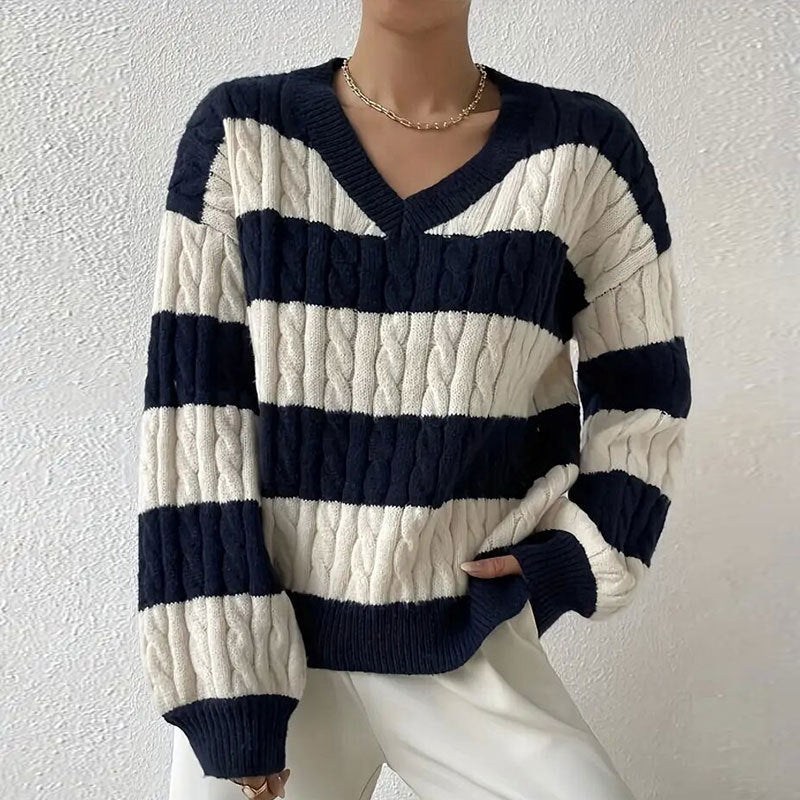 V-neck Long Sleeve Striped Women's Sweater – Versatile, Stylish, All-Matching - ZA-ZOLA