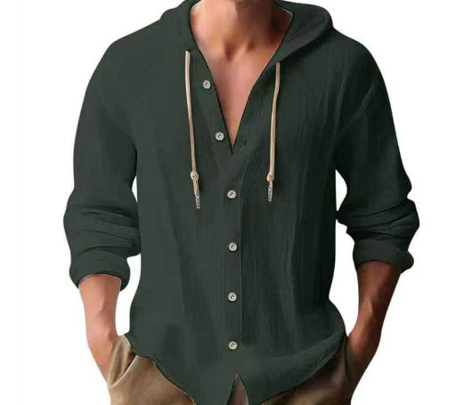 Cotton & Linen Hooded Long Sleeve Shirt – Comfortable Button-Up Sweater for Men - ZA-ZOLA