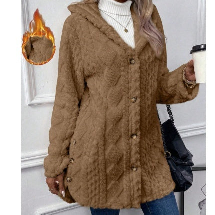 Hooded Cardigan Button Long Jacket – Winter Solid Color Long Sleeve Coat for Women