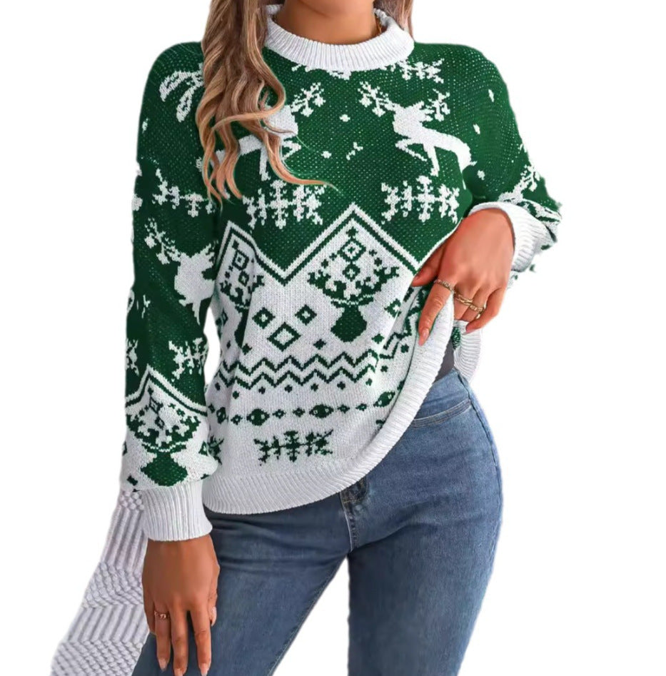 2025 New Year Christmas Deer Pattern Hoodie Sweater – Women’s Red & Green Knitted Pullover - ZA-ZOLA